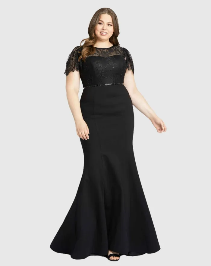 Mac Duggal Plus Size Dresses Women Lace Illusion High Neck Cap Sleeve Gown BLACK