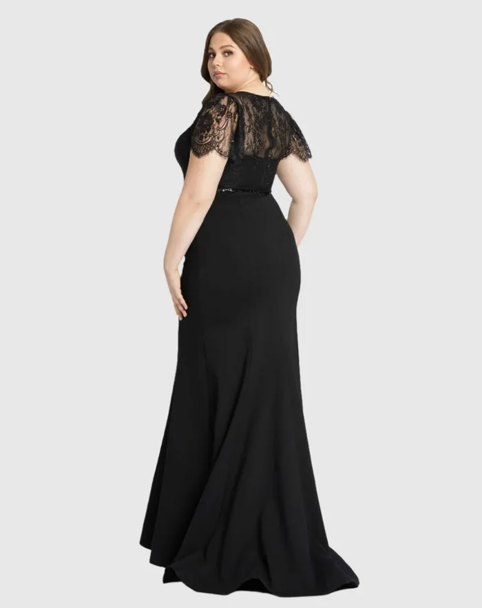 Mac Duggal Plus Size Dresses Women Lace Illusion High Neck Cap Sleeve Gown BLACK Mac Duggal Plus Size Dresses Women Lace Illusion High Neck Cap Sleeve Gown BLACK