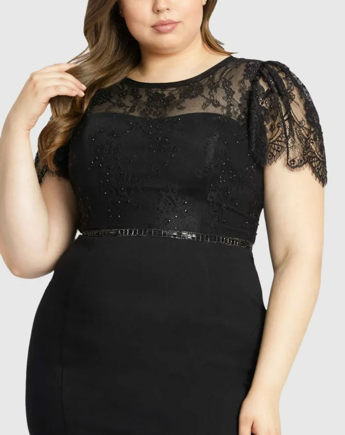 Mac Duggal Plus Size Dresses Women Lace Illusion High Neck Cap Sleeve Gown BLACK Mac Duggal Plus Size Dresses Women Lace Illusion High Neck Cap Sleeve Gown BLACK