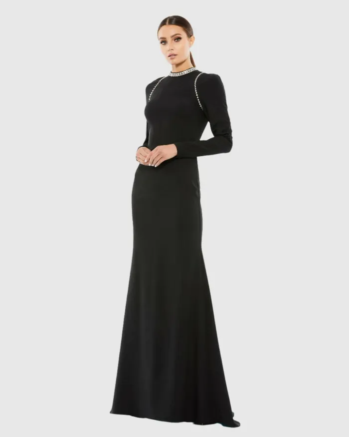 Mac Duggal Raglan Long Sleeve High Neck Gown Black Women Best Sellers
