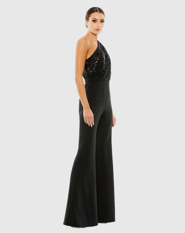 Mac Duggal Sequined One Shoulder Jumpsuit 8211 FINAL SALE Black Women Jumpsuits and Rompers