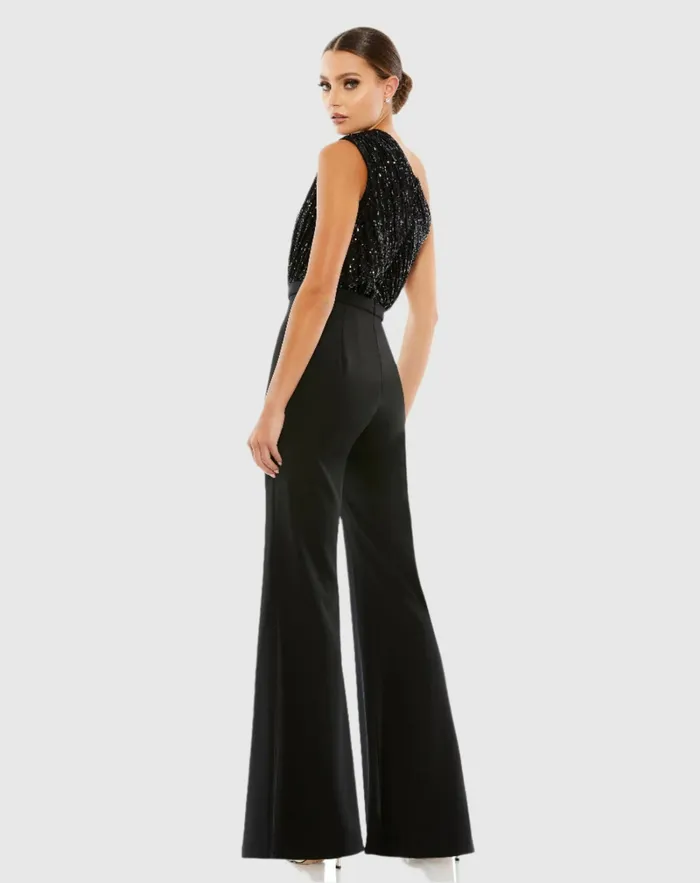 Mac Duggal Sequined One Shoulder Jumpsuit 8211 FINAL SALE Black Women Jumpsuits and Rompers