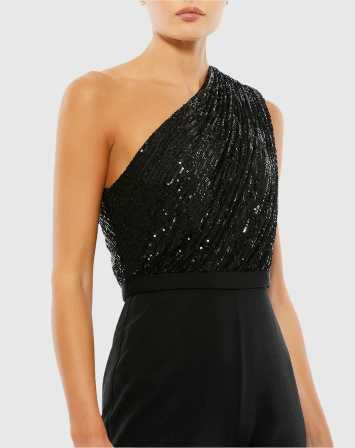 Mac Duggal Sequined One Shoulder Jumpsuit 8211 FINAL SALE Black Women Jumpsuits and Rompers