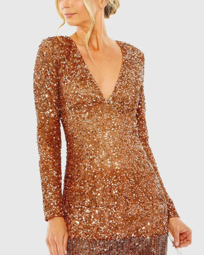 Mac Duggal V Neck Long Sleeve Sequin Dress with Fringe Detail Copper Women Best Sellers