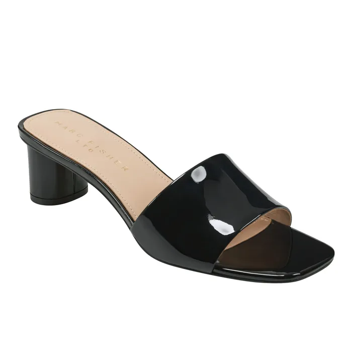 Marc Fisher Nemmie Heeled Slide Sandal Black Patent Leather Women Mules and Slides