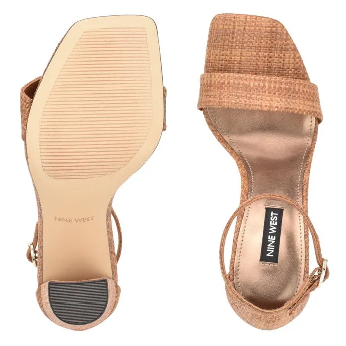 Marrie Ankle Strap Sandals Brown Raffia Women Nine West Heels