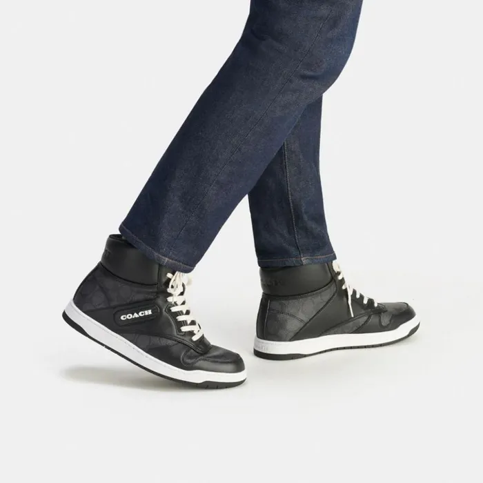 Men C202 High Top Sneaker In Signature Canvas Charcoalblack Coach Sneakers