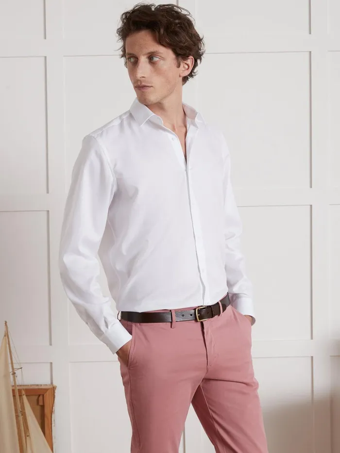 Men Clothing Cyrillus Herringbone Classic Fit Shirt Blanc