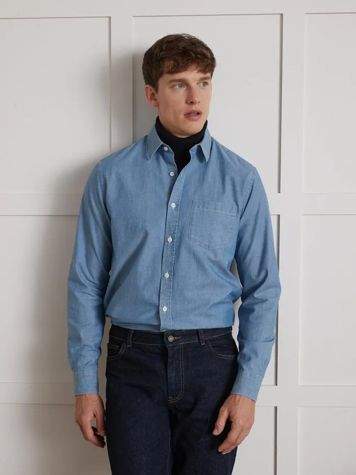 Men Clothing Cyrillus Regular Fit Chambray Shirt Denim Bleu