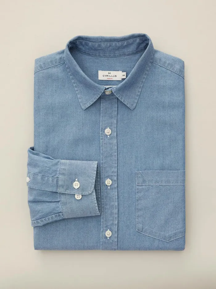 Men Clothing Cyrillus Regular Fit Chambray Shirt Denim Bleu