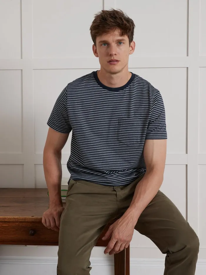 Men Clothing Cyrillus Striped Organic Cotton TShirt Rayure Marineecru