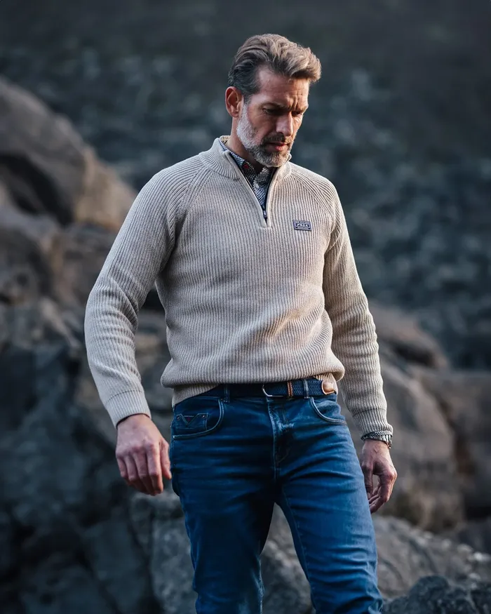 Men Knitwear NZA New Zealand Auckland Beige Cotton Sweater With HalfZip 8211 Shimmering Sand