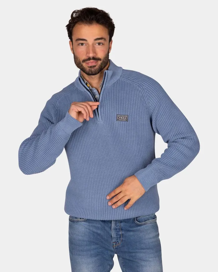Men Knitwear NZA New Zealand Auckland Chunky Knit Blue HalfZip Sweater 8211 Mineral Blue