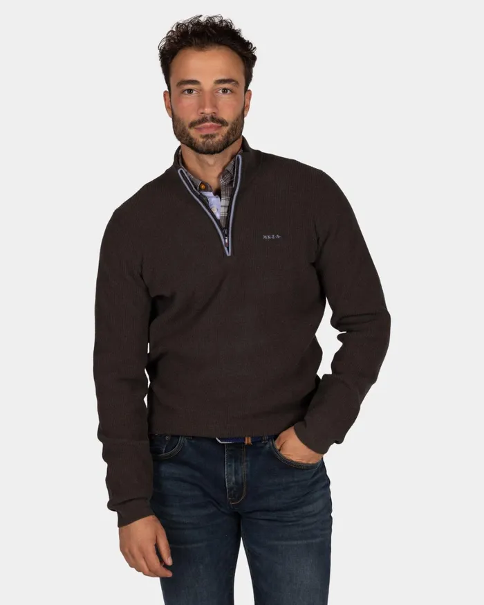 Men Knitwear NZA New Zealand Auckland Dark Brown Chenille HalfZip Sweater 8211 Dark Mocca