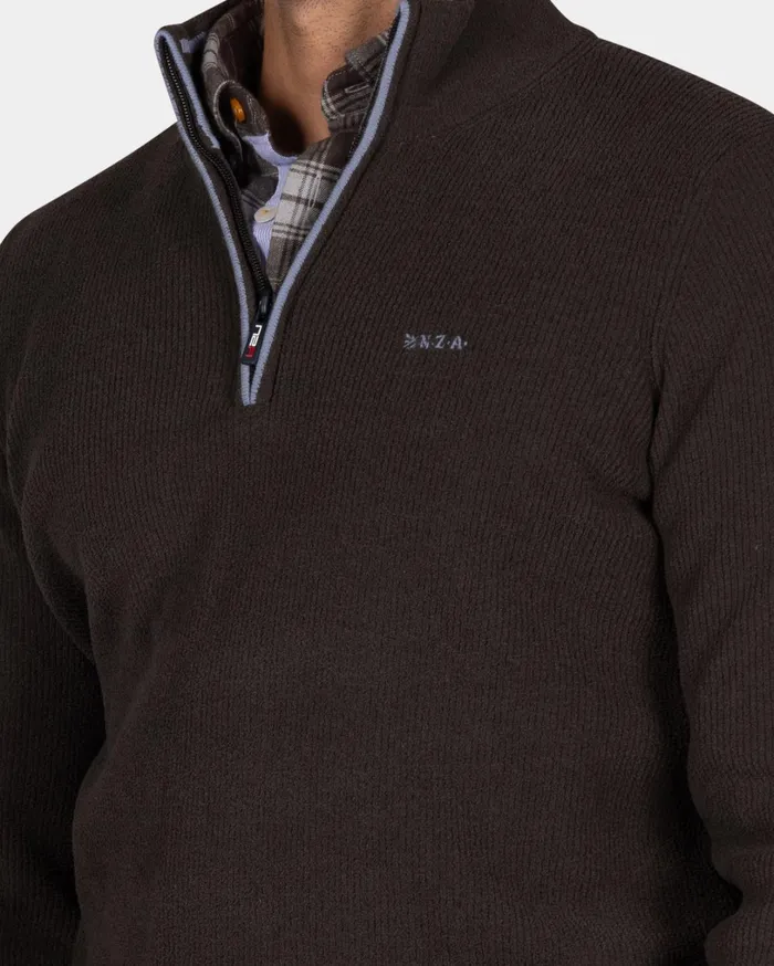 Men Knitwear NZA New Zealand Auckland Dark Brown Chenille HalfZip Sweater 8211 Dark Mocca