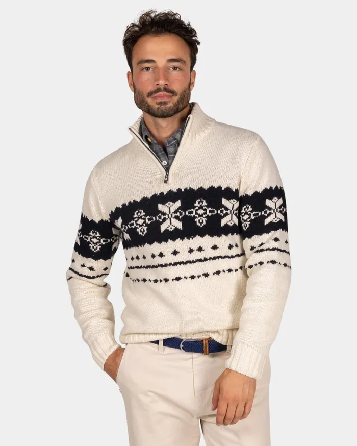 Men Knitwear NZA New Zealand Auckland Ecru Sweater With Dark Blue Pattern 8211 Ecru