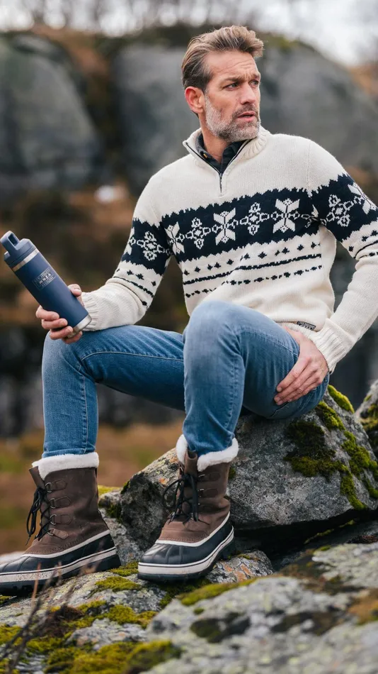 Men Knitwear NZA New Zealand Auckland Ecru Sweater With Dark Blue Pattern 8211 Ecru