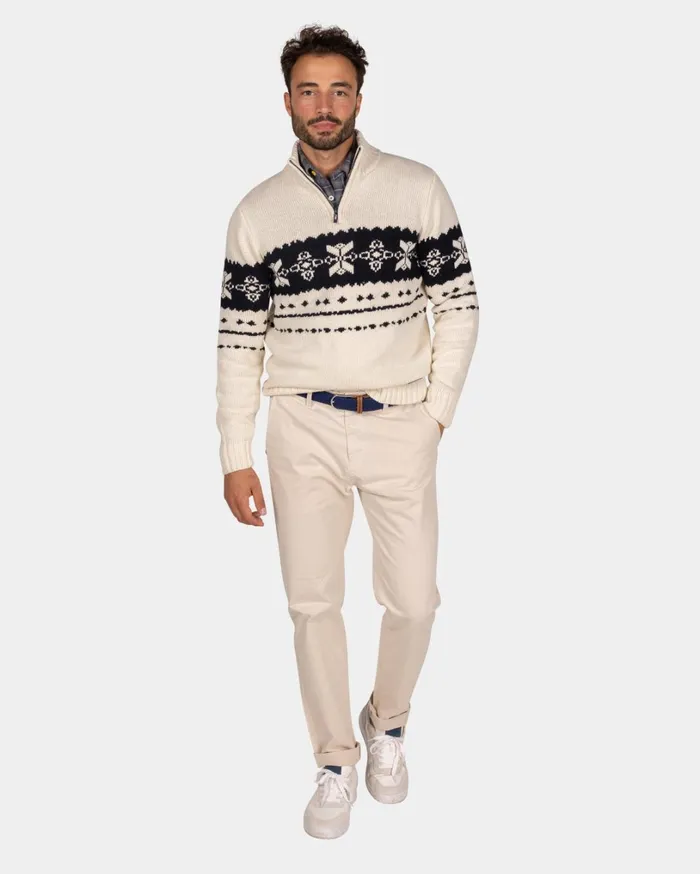 Men Knitwear NZA New Zealand Auckland Ecru Sweater With Dark Blue Pattern 8211 Ecru