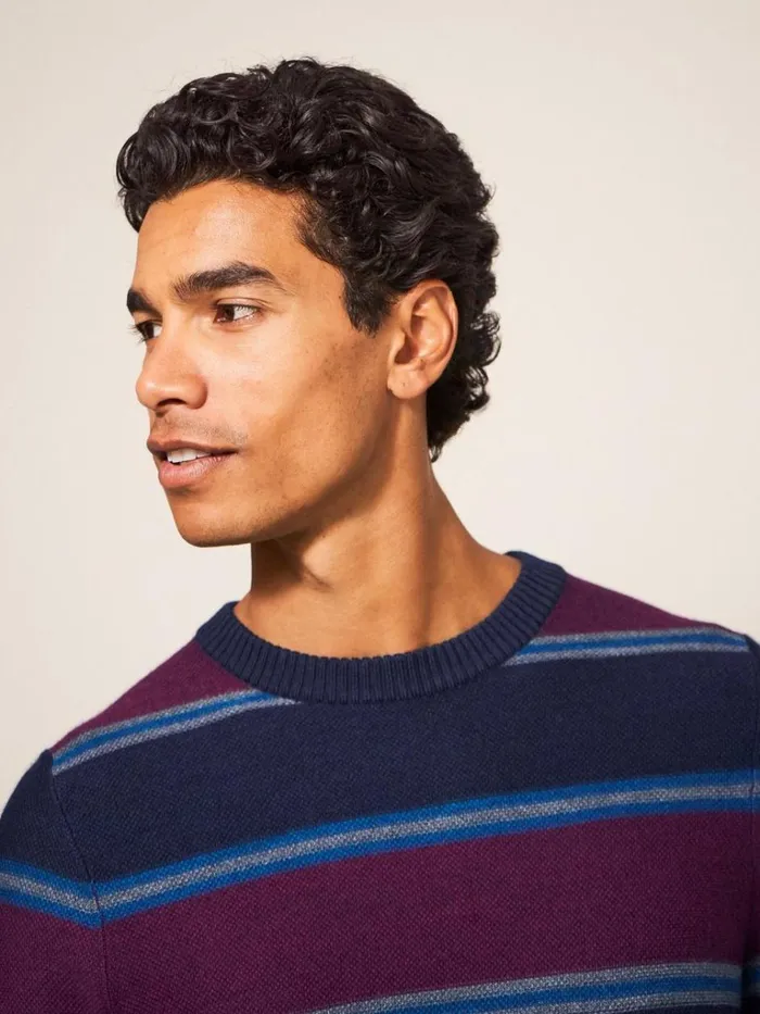 Men KNITWEAR White Stuff Newport Merino Stripe Crew Navy Multi