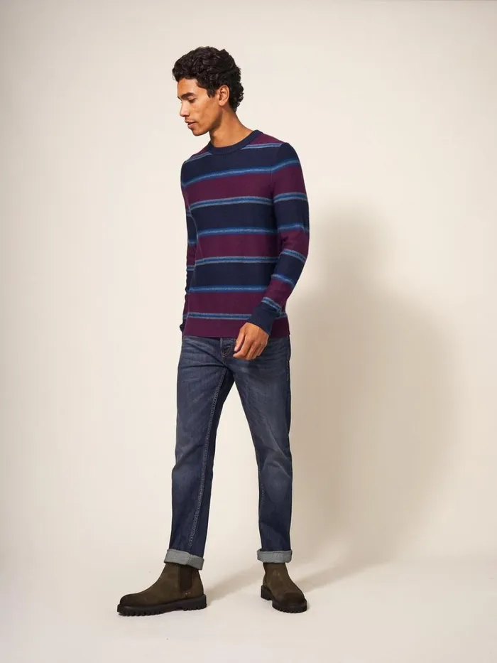 Men KNITWEAR White Stuff Newport Merino Stripe Crew Navy Multi Men KNITWEAR White Stuff Newport Merino Stripe Crew Navy Multi