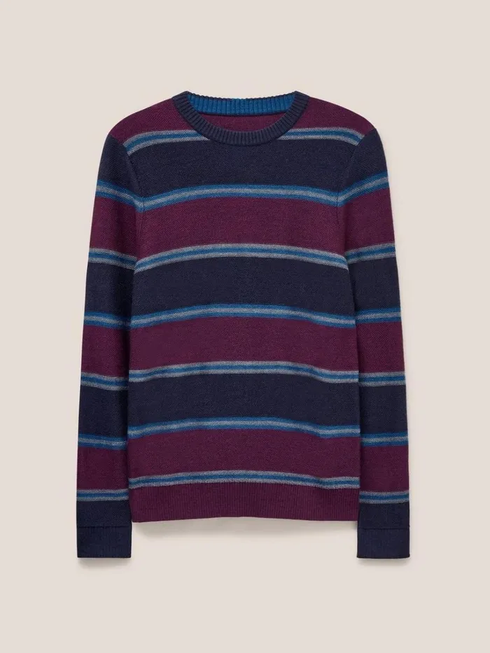 Men KNITWEAR White Stuff Newport Merino Stripe Crew Navy Multi Men KNITWEAR White Stuff Newport Merino Stripe Crew Navy Multi