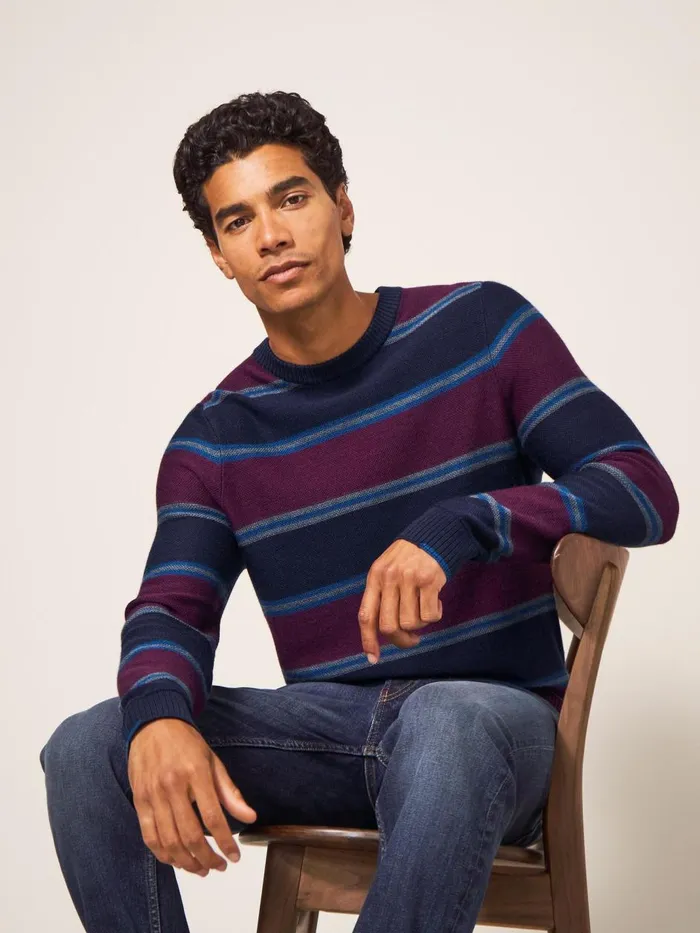 Men KNITWEAR White Stuff Newport Merino Stripe Crew Navy Multi Men KNITWEAR White Stuff Newport Merino Stripe Crew Navy Multi