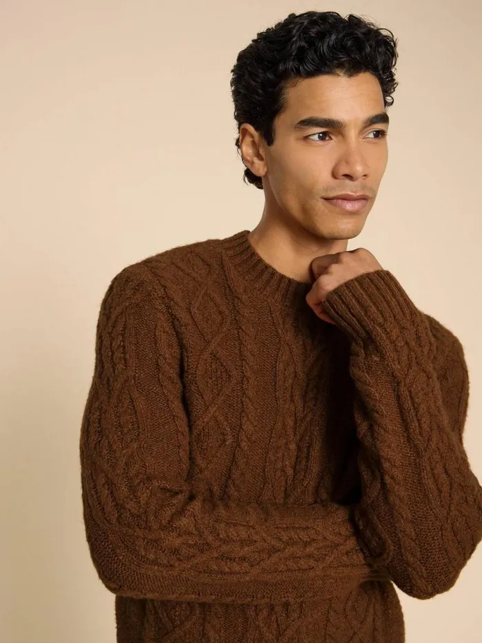 Men KNITWEAR White Stuff Twisted Cable Crew Dark Orange Men KNITWEAR White Stuff Twisted Cable Crew Dark Orange