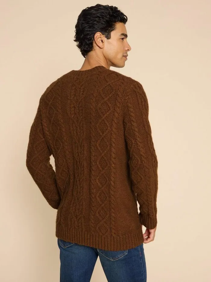 Men KNITWEAR White Stuff Twisted Cable Crew Dark Orange Men KNITWEAR White Stuff Twisted Cable Crew Dark Orange