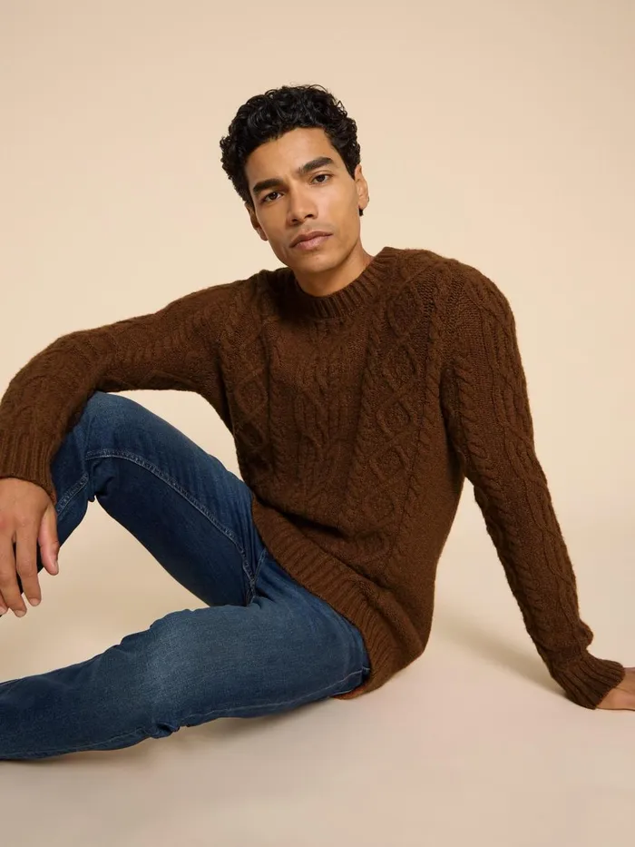 Men KNITWEAR White Stuff Twisted Cable Crew Dark Orange Men KNITWEAR White Stuff Twisted Cable Crew Dark Orange