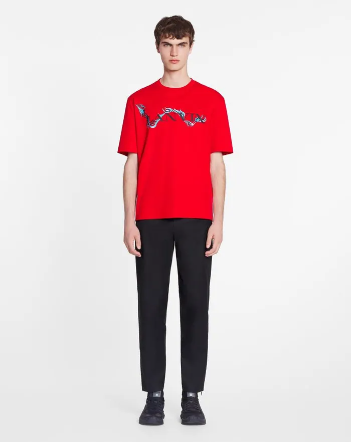 Men Lanvin Coats and Jackets Unisex Dragon Print Loosefitting Tshirt Flame