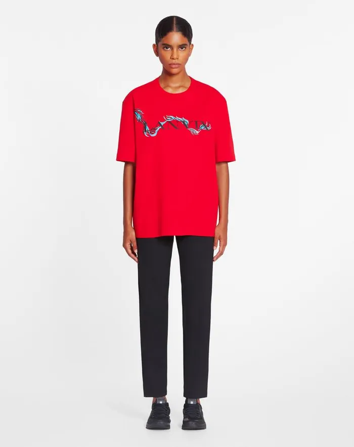 Men Lanvin Coats and Jackets Unisex Dragon Print Loosefitting Tshirt Flame