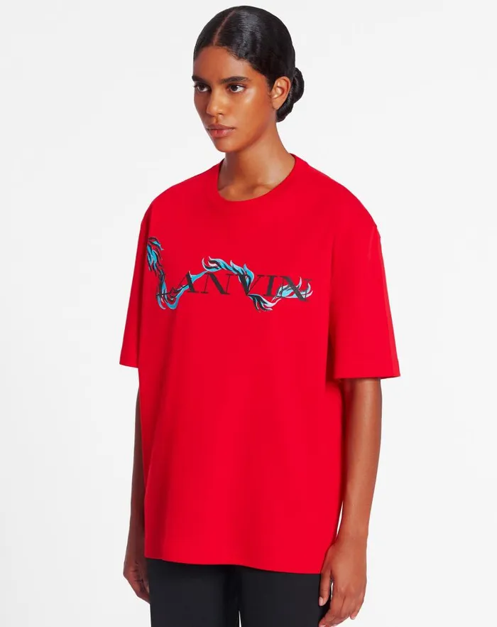 Men Lanvin Coats and Jackets Unisex Dragon Print Loosefitting Tshirt Flame