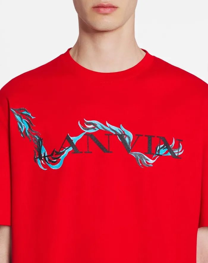 Men Lanvin Coats and Jackets Unisex Dragon Print Loosefitting Tshirt Flame