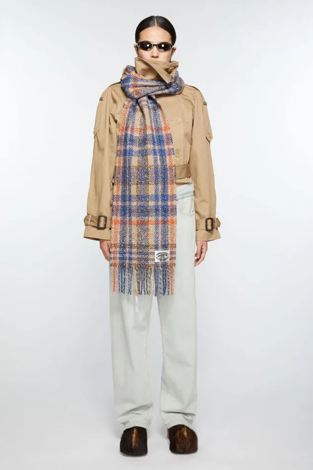 Men Plaid Fringe Scarf Beigeblue Acne Studios Scarves