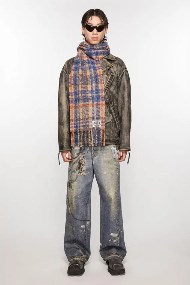 Men Plaid Fringe Scarf Beigeblue Acne Studios Scarves