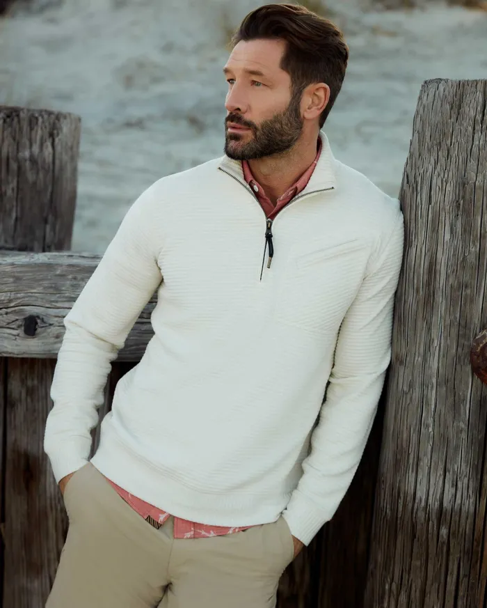 Men Quilted Half Zip Tinted White Billy Reid Sweaters and Sweatshirts