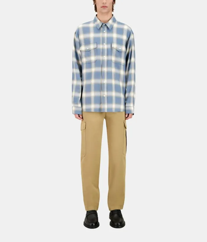 Men Shirts THE KOOPLES Light Blue And Gray Checked Long Sleeve Shirt