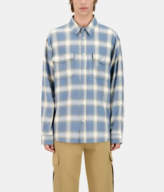 Men Shirts THE KOOPLES Light Blue And Gray Checked Long Sleeve Shirt