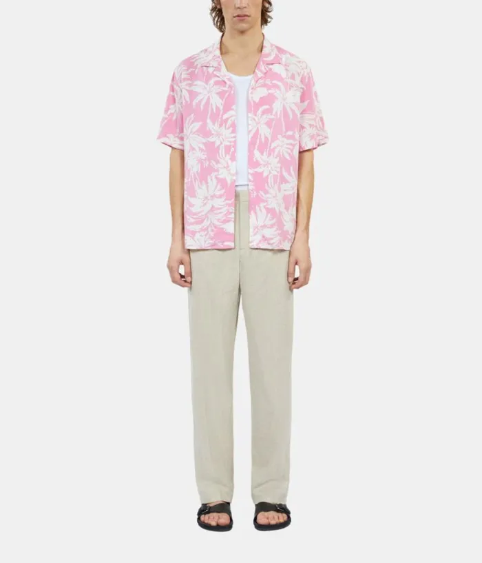 Men Shirts THE KOOPLES Pink Palm Tree Print Short Sleeve Shirt