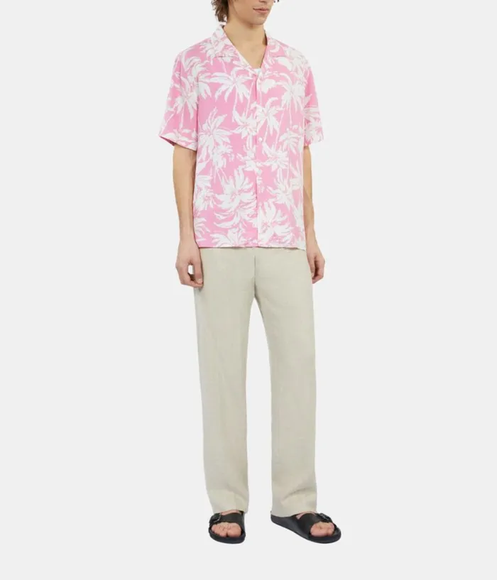 Men Shirts THE KOOPLES Pink Palm Tree Print Short Sleeve Shirt Men Shirts THE KOOPLES Pink Palm Tree Print Short Sleeve Shirt