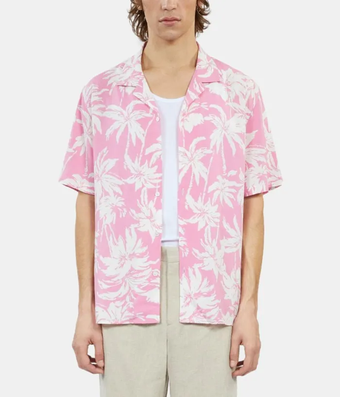 Men Shirts THE KOOPLES Pink Palm Tree Print Short Sleeve Shirt Men Shirts THE KOOPLES Pink Palm Tree Print Short Sleeve Shirt