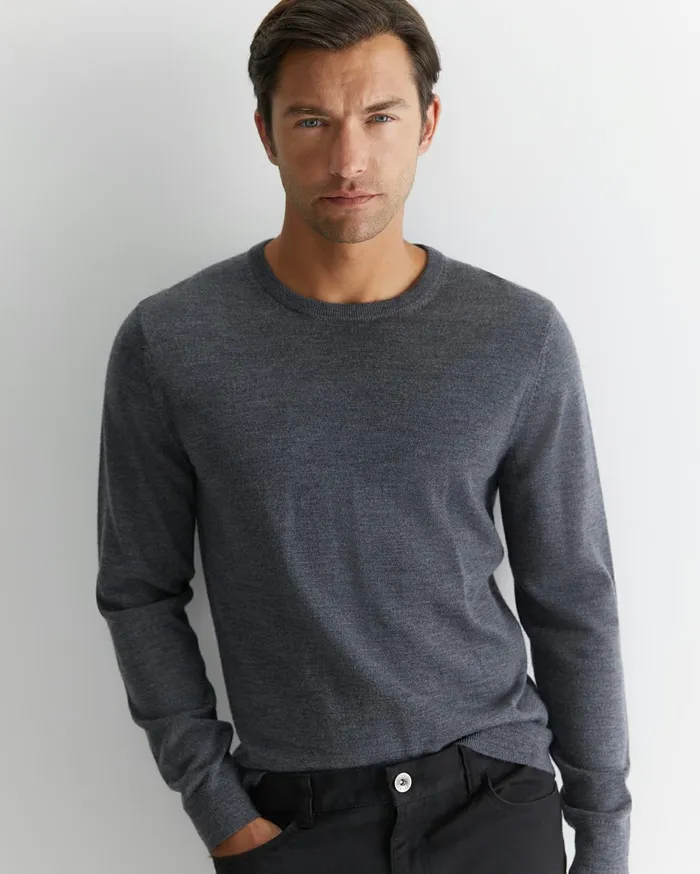Men Sportscraft Knitwear Merino Crew Neck Knit Charcoal Melange