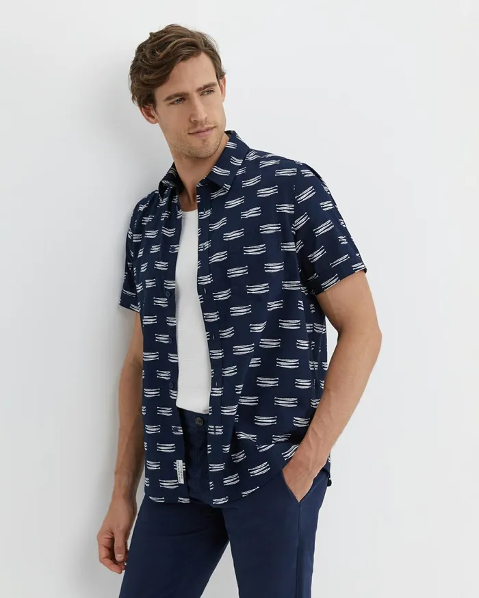 Men Sportscraft Shirts Lake Side Short Sleeve Shirt Navywhite