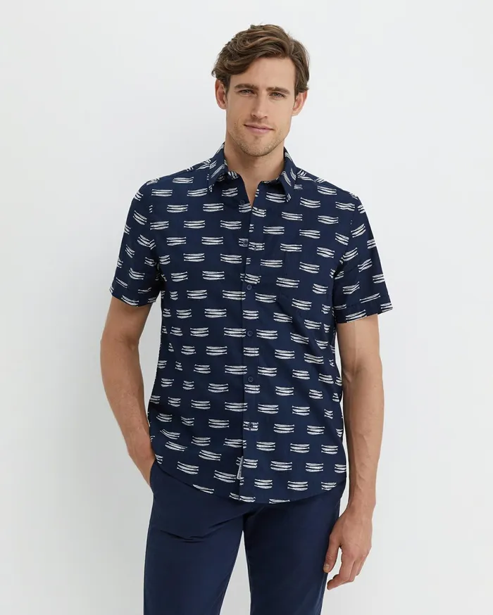 Men Sportscraft Shirts Lake Side Short Sleeve Shirt Navywhite