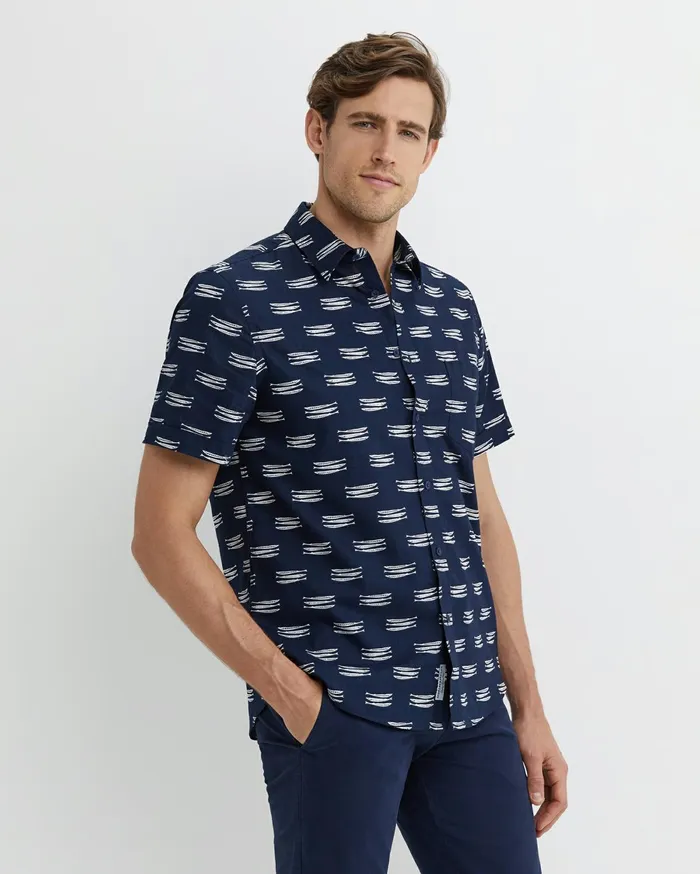 Men Sportscraft Shirts Lake Side Short Sleeve Shirt Navywhite
