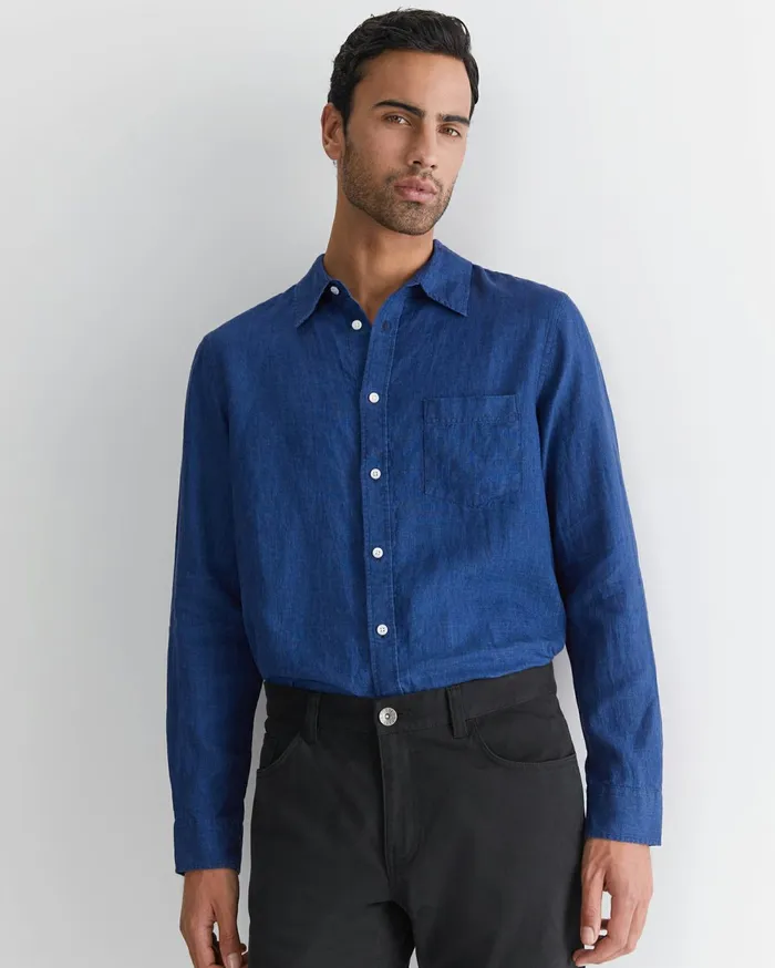 Men Sportscraft Shirts Long Sleeve Linen Shirt Indigo