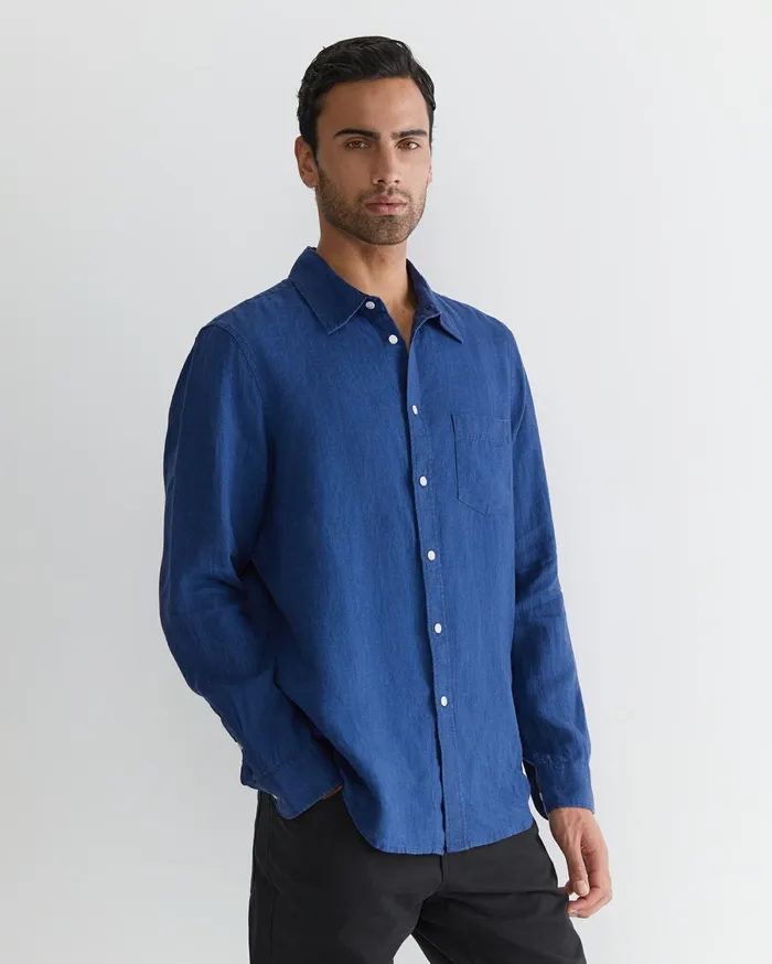 Men Sportscraft Shirts Long Sleeve Linen Shirt Indigo