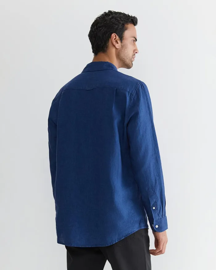Men Sportscraft Shirts Long Sleeve Linen Shirt Indigo