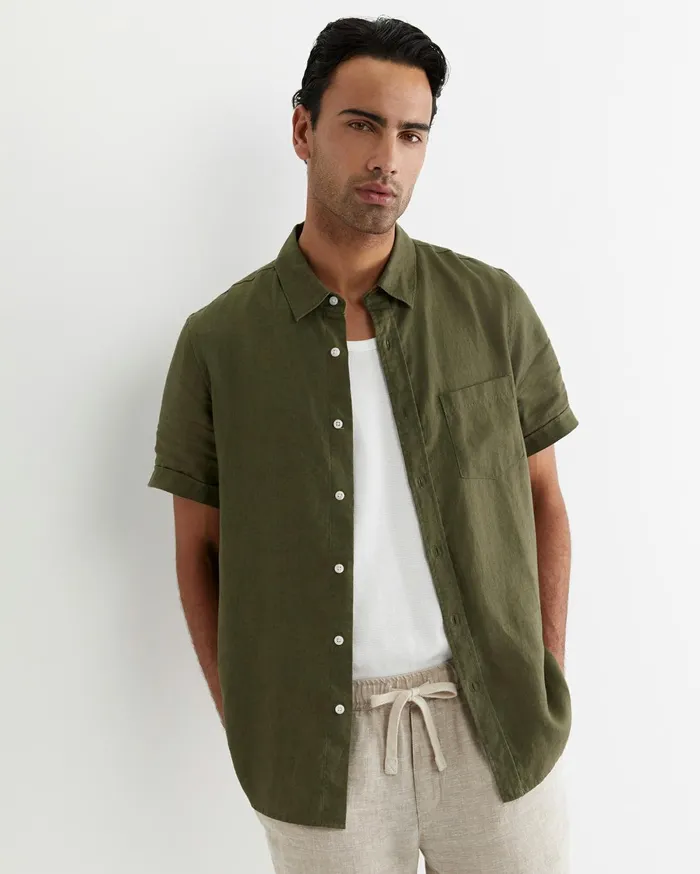 Men Sportscraft Shirts Short Sleeve Linen Shirt Khaki