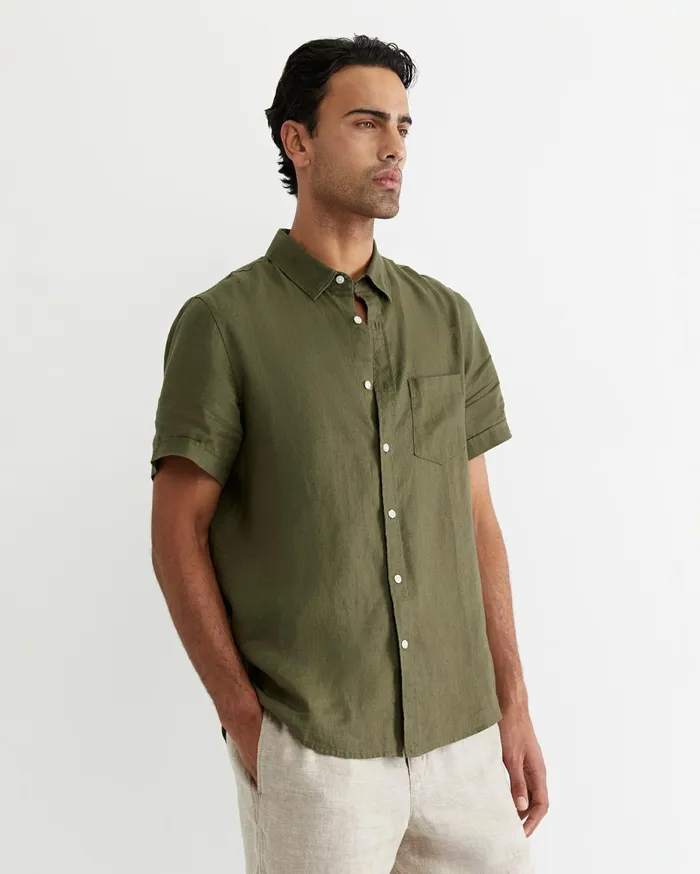 Men Sportscraft Shirts Short Sleeve Linen Shirt Khaki